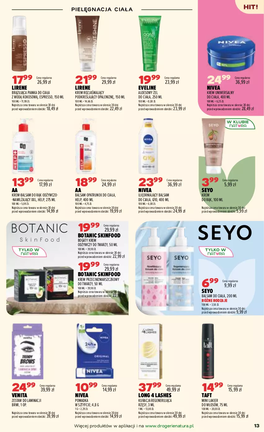 Gazetka promocyjna Drogerie Natura - Gazetka Drogerie Natura - ważna 08.09 do 21.09.2026 - strona 13 - produkty: Balsam do ciała, Eveline, Kokos, Krem do rąk, Krem odżywczy, Krem przeciwzmarszczkowy, Krem rozjaśniający, Krem uniwersalny, Lakier, Lakier do włosów, Lirene, Long 4 Lashes, Mars, Nivea, SKINFOOD, Taft