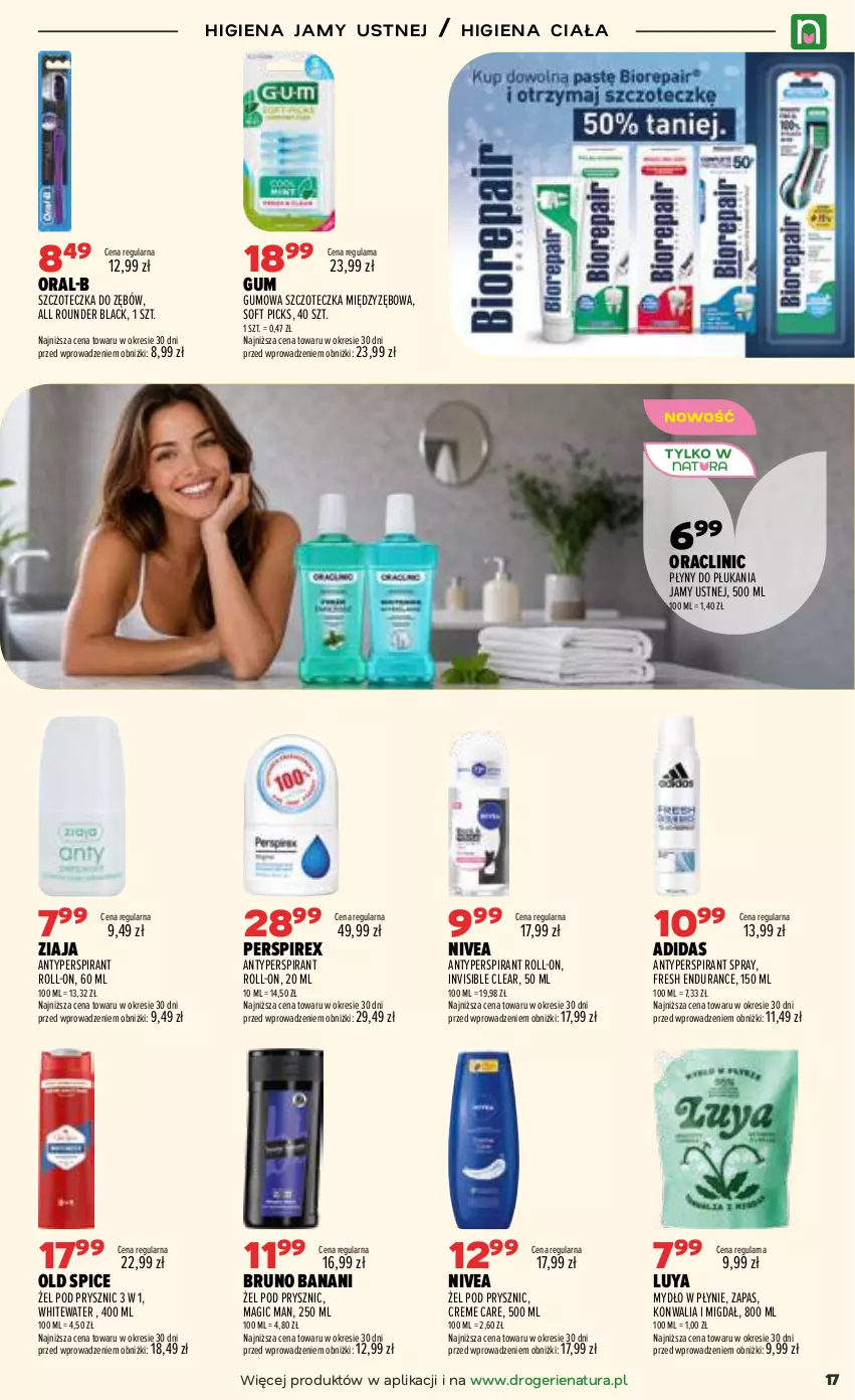 Gazetka promocyjna Drogerie Natura - Gazetka Drogerie Natura - ważna 08.09 do 21.09.2026 - strona 17 - produkty: Adidas, Antyperspirant, Bruno Banani, Clin, Higiena jamy ustnej, Lack, Mydło, Mydło w płynie, Nivea, Old Spice, Szczoteczka, Szczoteczka do zębów, Ziaja