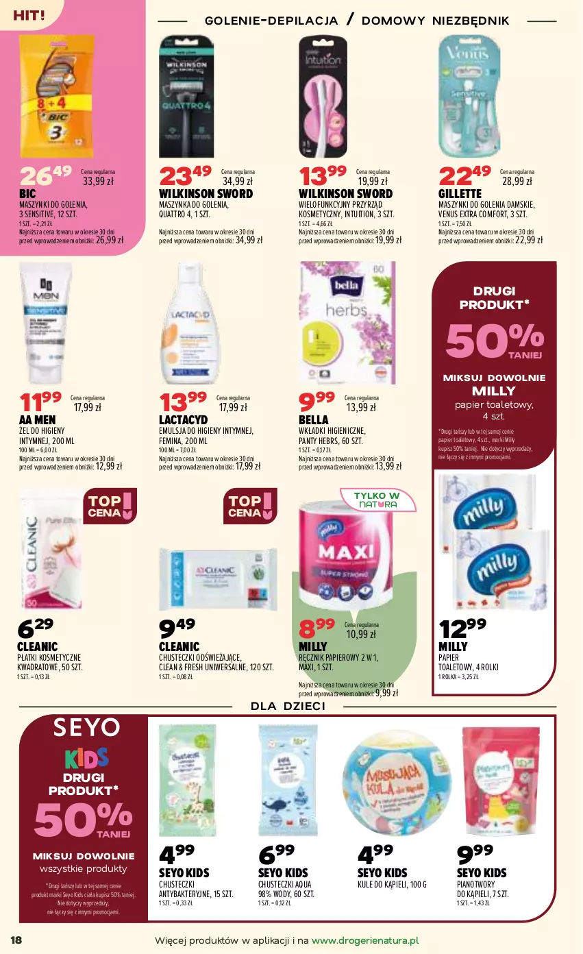 Gazetka promocyjna Drogerie Natura - Gazetka Drogerie Natura - ważna 08.09 do 21.09.2026 - strona 18 - produkty: Bell, Bella, BIC, Chusteczki, Cleanic, Dzieci, Emulsja, Gillette, Lactacyd, Maszynka, Maszynka do golenia, Papier, Papier toaletowy, Płatki kosmetyczne, Ręcznik, Rolki, Szynka, Venus, Wilkinson Sword, Wkładki