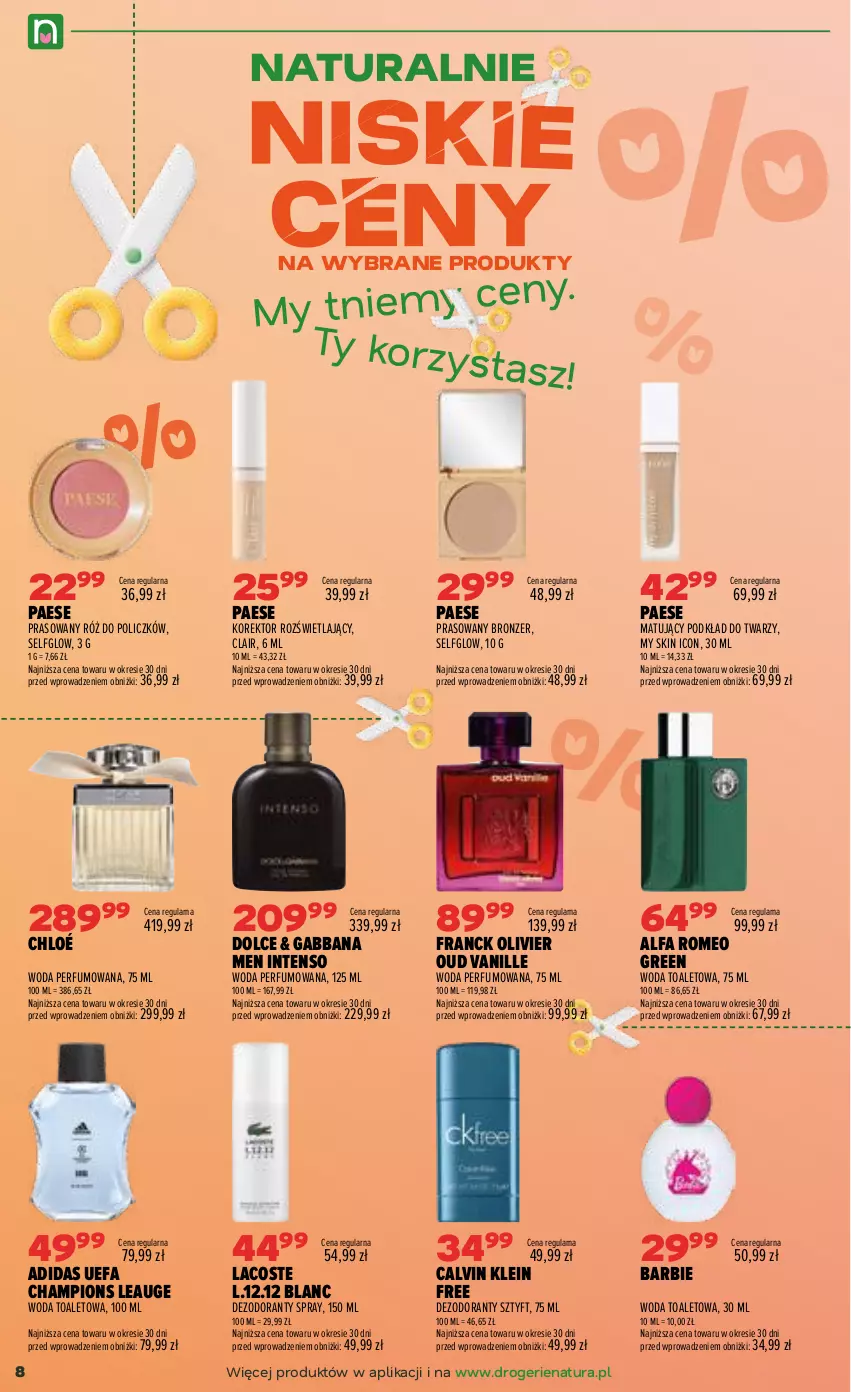 Gazetka promocyjna Drogerie Natura - Gazetka Drogerie Natura - ważna 08.09 do 21.09.2026 - strona 8 - produkty: Adidas, Barbie, Bronzer, Calvin Klein, Chloé, Dezodorant, Fa, Lacoste, PAESE, Perfum, Podkład, Podkład do twarzy, Róż do policzków, Woda, Woda perfumowana, Woda toaletowa