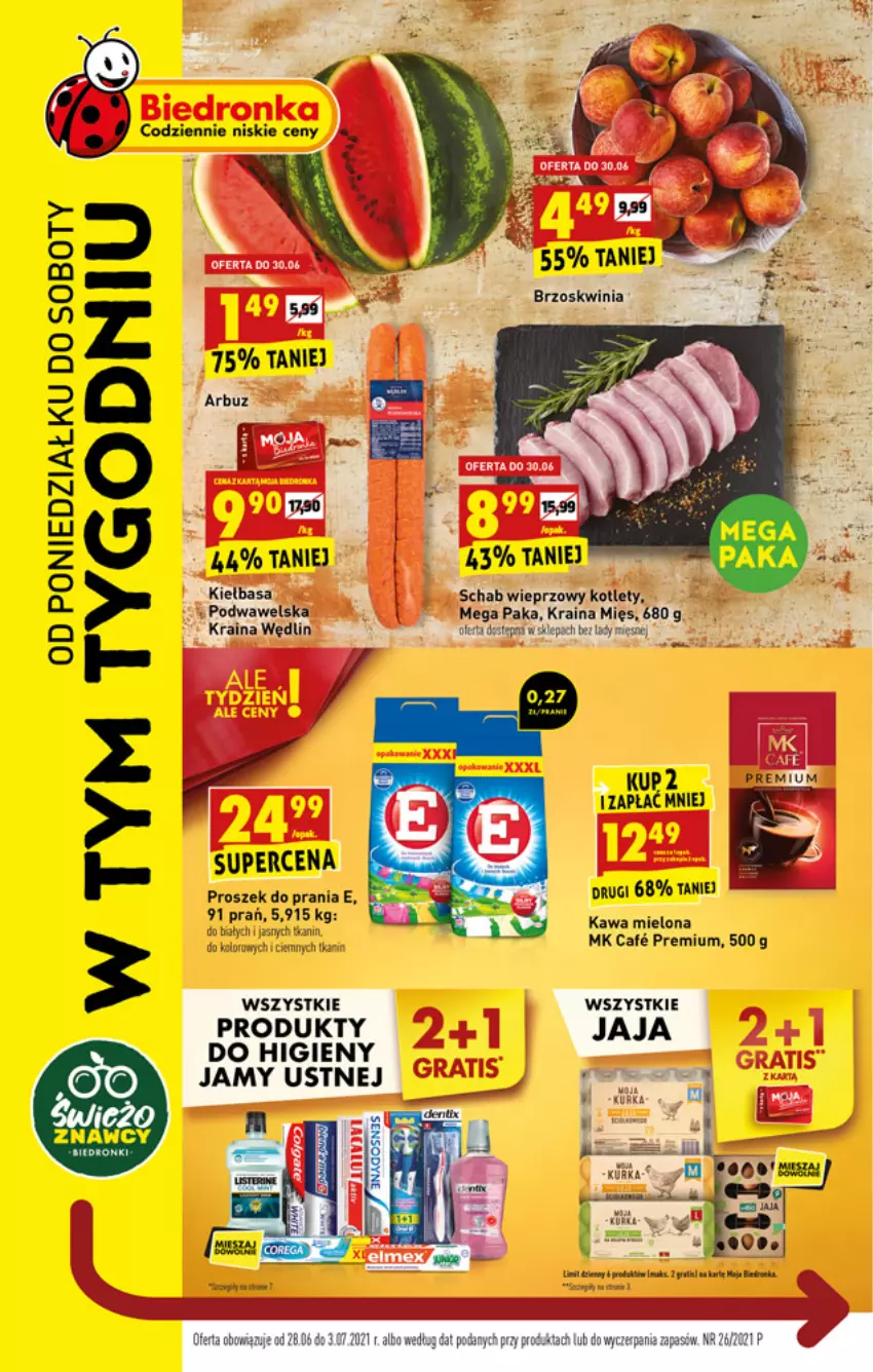 Gazetka promocyjna Biedronka - W tym tygodniu - ważna 28.06 do 03.07.2021 - strona 1 - produkty: Arbuz, Fa, Jaja, Kawa, Kawa mielona, Kiełbasa, Kotlet, Proszek do prania, Schab wieprzowy, Wawel