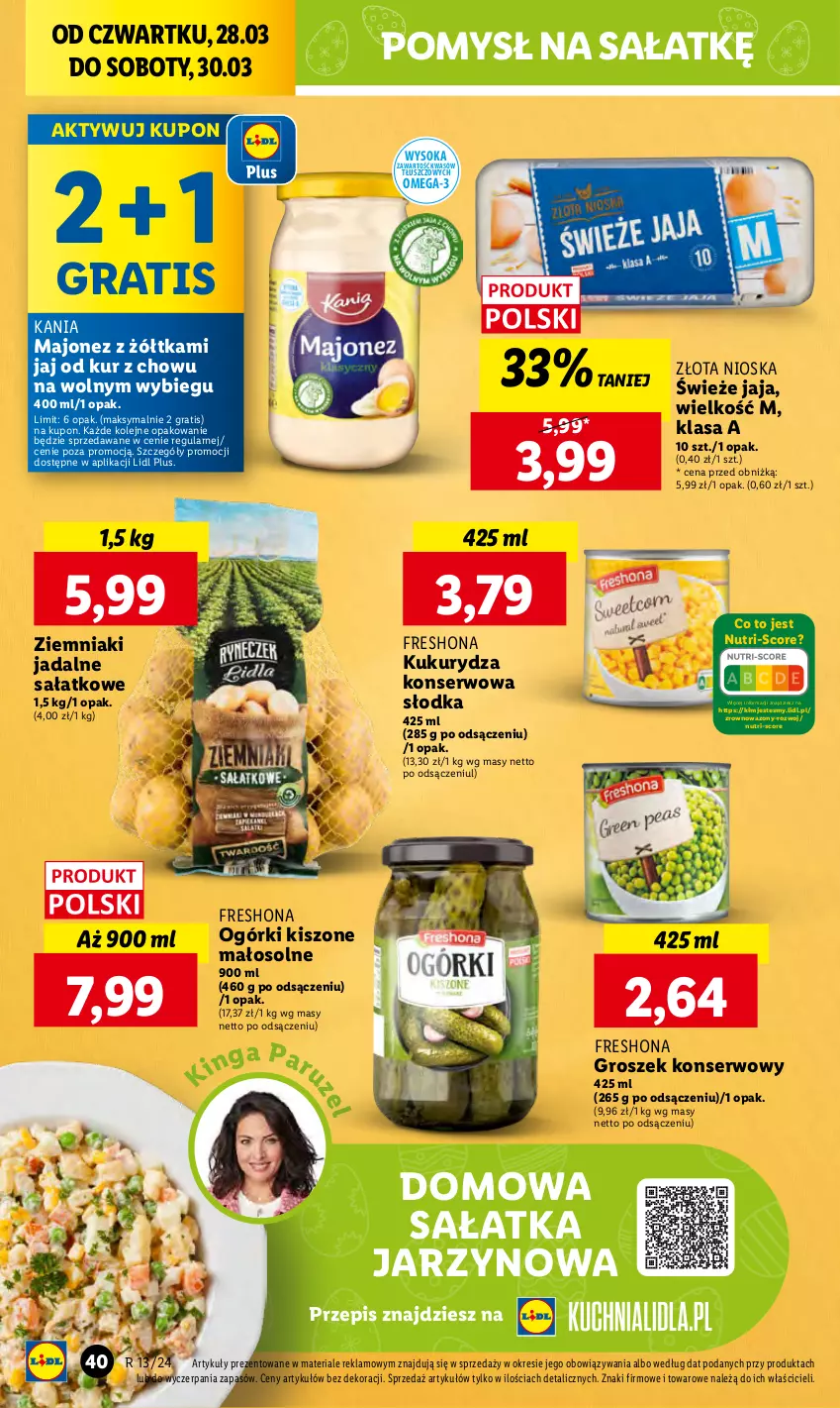 Gazetka promocyjna Lidl - GAZETKA - ważna 28.03 do 30.03.2024 - strona 48 - produkty: Gra, Groszek, Jaja, Kukurydza, Kukurydza konserwowa, Majonez, Olej, Omega-3, Sałat, Sałatka, Ser, Sok, Wazon, Ziemniaki