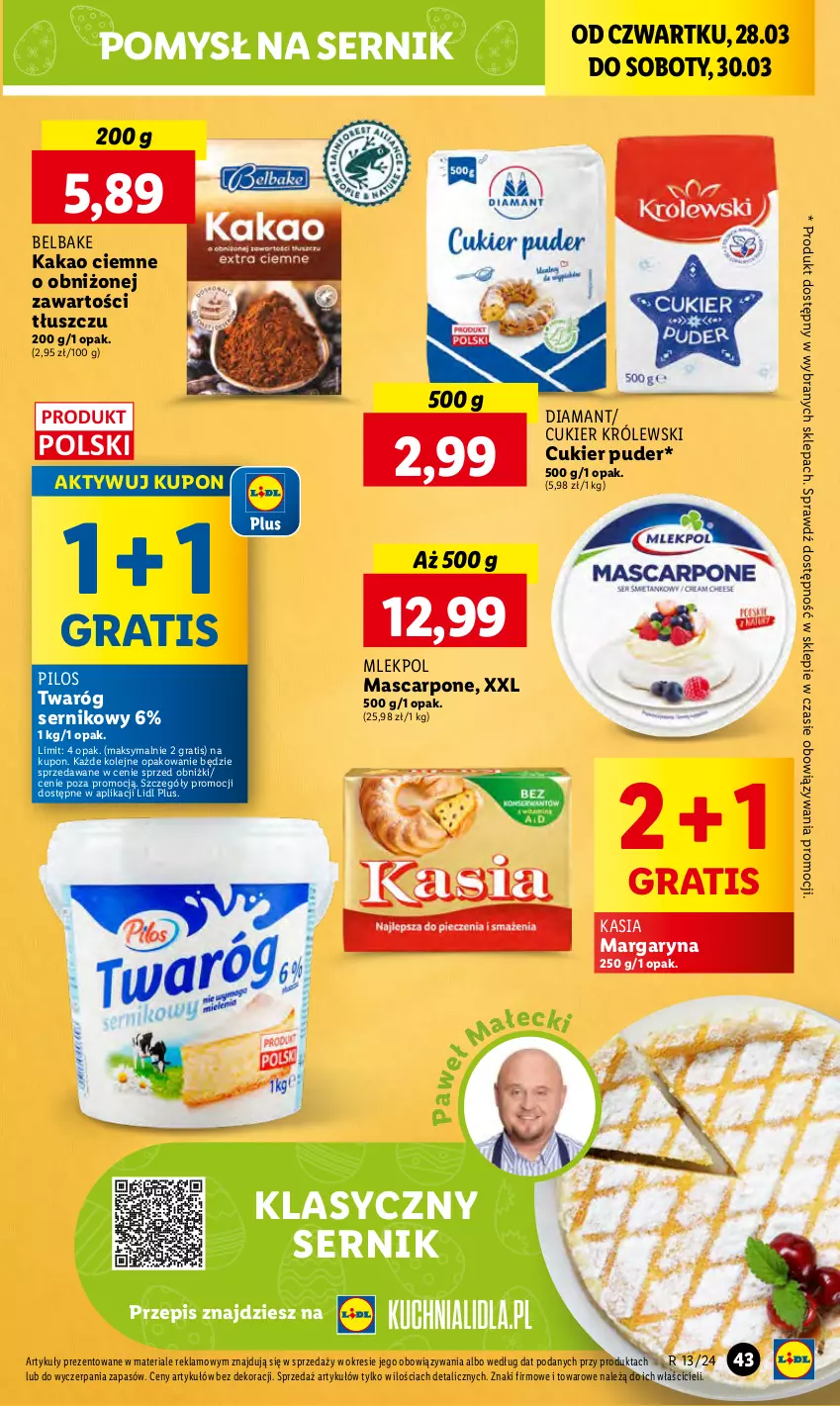 Gazetka promocyjna Lidl - GAZETKA - ważna 28.03 do 30.03.2024 - strona 51 - produkty: Cukier, Cukier puder, Diamant, Gra, Kakao, Kasia, Królewski, Margaryna, Mascarpone, Olej, Pilos, Puder, Ser, Twaróg