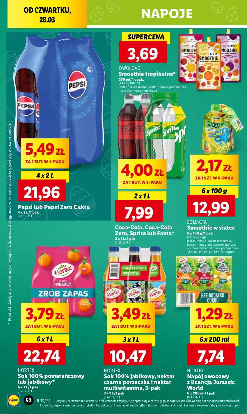 Gazetka promocyjna Lidl - GAZETKA - ważna 28.03 do 30.03.2024 - strona 62 - produkty: Ananas, Coca-Cola, Fa, Fanta, Hortex, Jurassic World, Mango, Morela, Napój, Napoje, Nektar, Pepsi, Por, Smoothie, Sok, Sprite, Szpinak, Wino