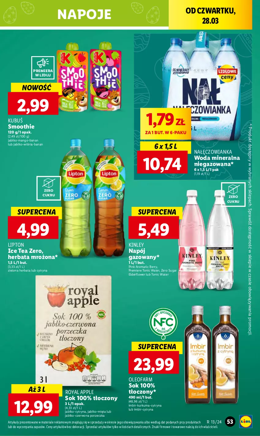 Gazetka promocyjna Lidl - GAZETKA - ważna 28.03 do 30.03.2024 - strona 63 - produkty: Fa, Herbata, Ice tea, Imbir, Kubuś, Kurkuma, Lipton, Mango, Mięta, Nałęczowianka, Napój, Napój gazowany, Napoje, Oleo, Oleofarm, Por, Premiere, Smoothie, Sok, Woda, Woda mineralna