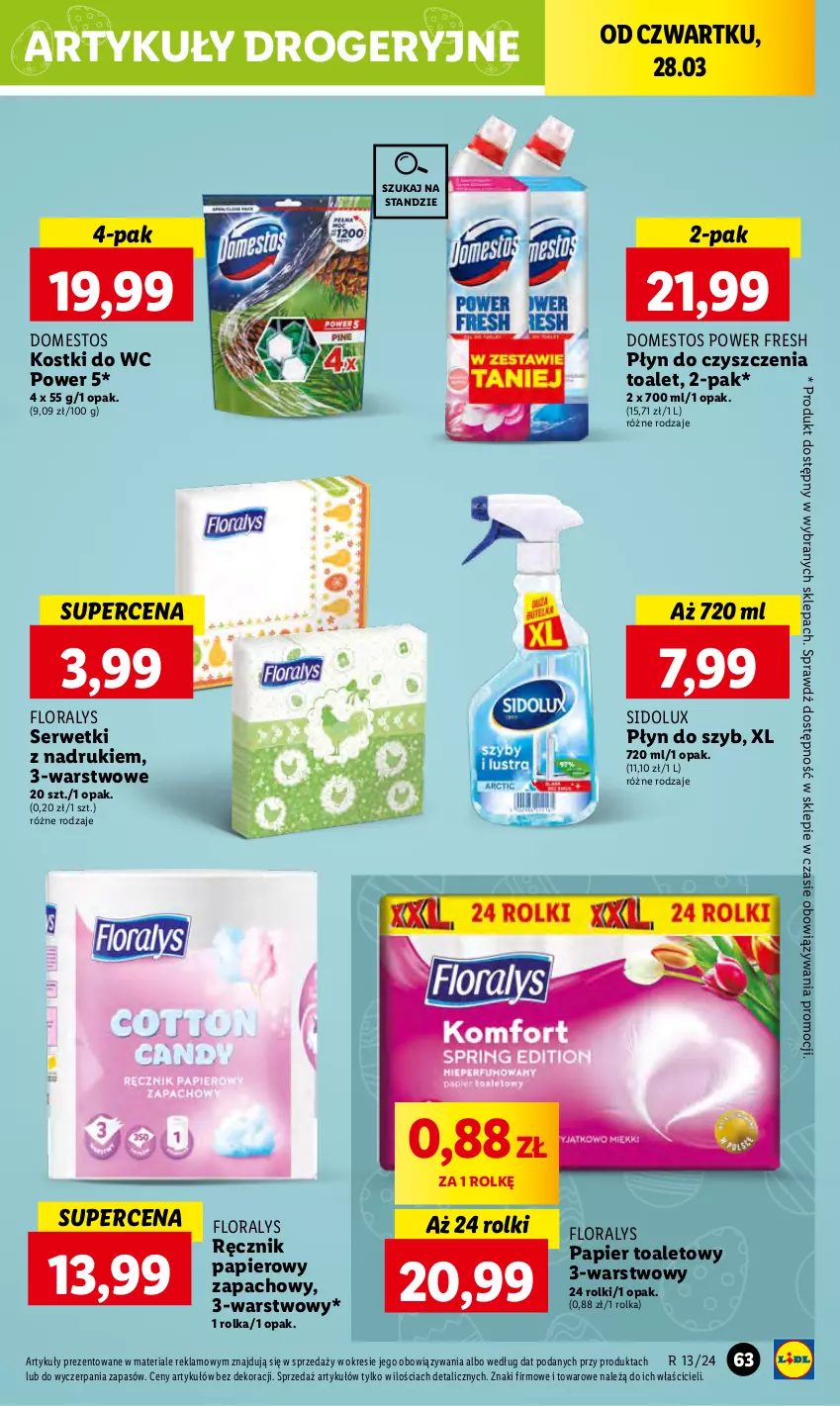 Gazetka promocyjna Lidl - GAZETKA - ważna 28.03 do 30.03.2024 - strona 75 - produkty: Domestos, Flora, Papier, Papier toaletowy, Płyn do szyb, Ręcznik, Rolki, Ser, Serwetki, Sidolux