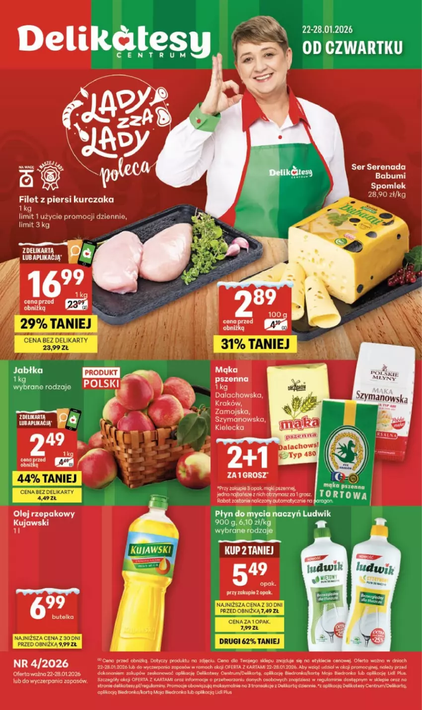 Gazetka promocyjna Delikatesy Centrum - Franczyza DC04 Czwartek - ważna 22.01 do 28.01.2026 - strona 1 - produkty: Do mycia naczyń, Dron, Jabłka, Koc, Kujawski, LG, Ludwik, Mąka, Olej, Olej rzepakowy, Płyn do mycia, Płyn do mycia naczyń, Rum, Ser, Tran