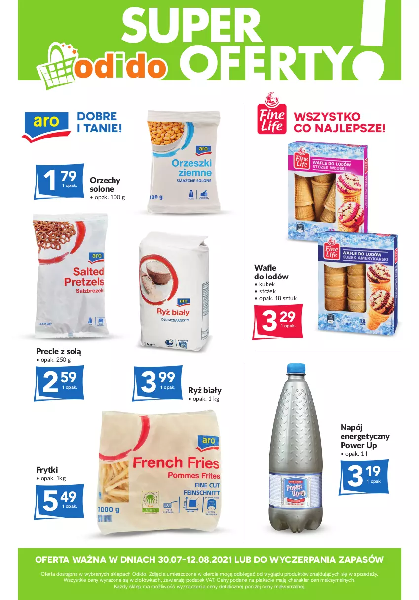 Gazetka promocyjna Odido - Super oferty! - ważna 30.07 do 12.08.2021 - strona 1 - produkty: Frytki, Kubek, Napój, Napój energetyczny, Precle, Ryż, Ryż biały, Wafle, Wafle do lodów