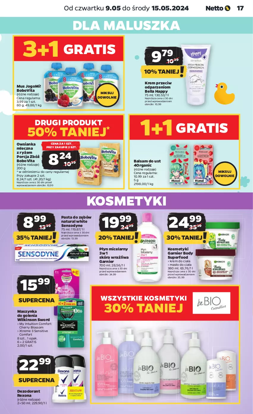 Gazetka promocyjna Netto - Artykuły spożywcze - ważna 09.05 do 15.05.2024 - strona 17 - produkty: Balsam do ust, Bell, Bella, BoboVita, Body, Dezodorant, Garnier, Gra, Krem do ciała, Masło, Masło do ciała, Maszynka, Maszynka do golenia, Mus, Owsianka, Pasta do zębów, Piwa, Płyn micelarny, Por, Rexona, Ryż, Sensodyne, Szynka, Vita C, Wilkinson Sword