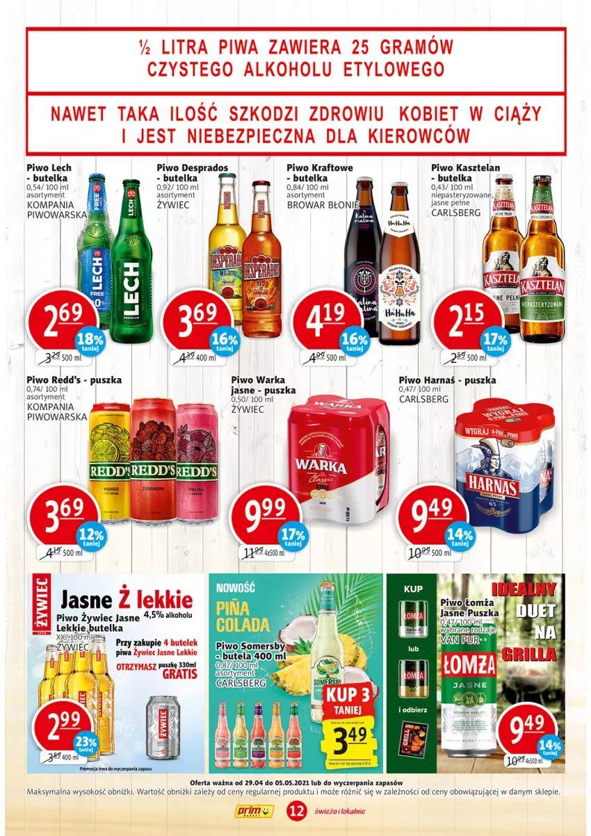 Gazetka promocyjna Prim Market - Gazetka - ważna 29.04 do 05.05.2021 - strona 12 - produkty: Carlsberg, Gra, Harnaś, Kasztelan, Piec, Piwa, Piwo, Sok, Warka