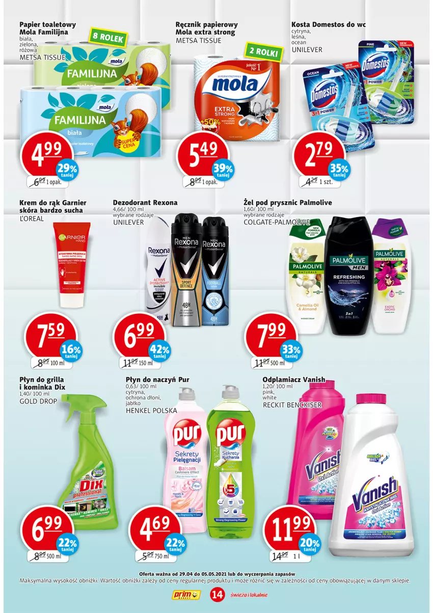 Gazetka promocyjna Prim Market - Gazetka - ważna 29.04 do 05.05.2021 - strona 14 - produkty: Dezodorant, Domestos, Fa, Garnier, Grill, Inka, Krem do rąk, Kret, Mola, Odplamiacz, Palmolive, Papier, Papier toaletowy, Pur, Ręcznik, Rexona, Ser, Sok, Vanish