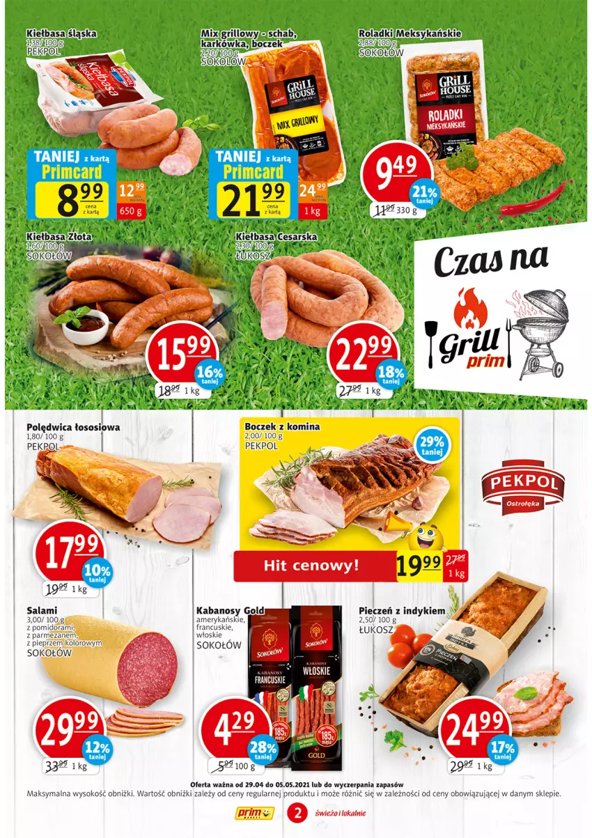 Gazetka promocyjna Prim Market - Gazetka - ważna 29.04 do 05.05.2021 - strona 2 - produkty: Boczek, Kabanos, Kiełbasa, Kosz, Parmezan, Pekpol, Piec, Pieprz, Piwo, Polędwica, Salami, Sok, Sokołów, Sos