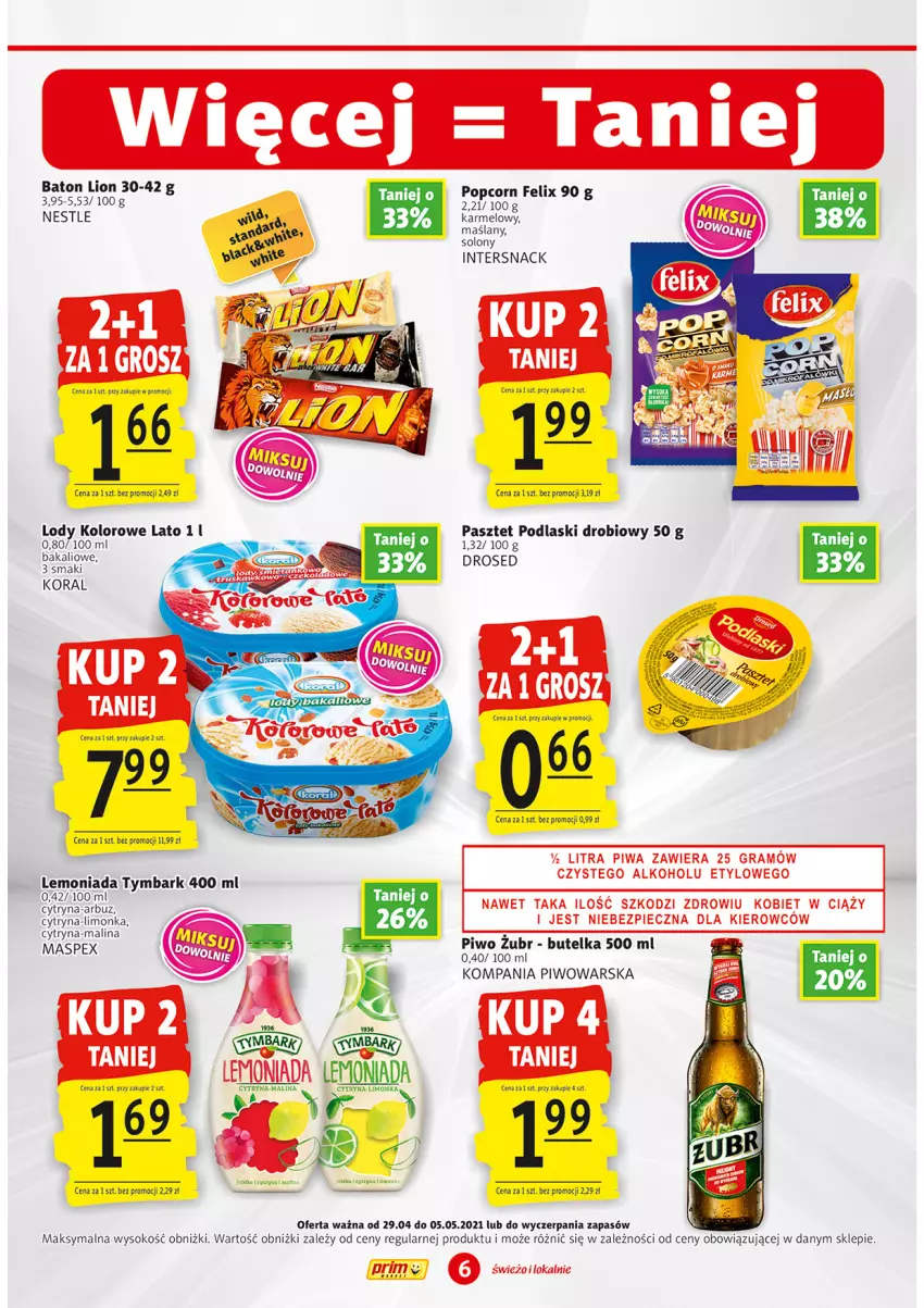 Gazetka promocyjna Prim Market - Gazetka - ważna 29.04 do 05.05.2021 - strona 6 - produkty: Arbuz, Felix, Gra, Lemoniada, Limonka, Lody, Piec, Piwa, Piwo, Tymbark