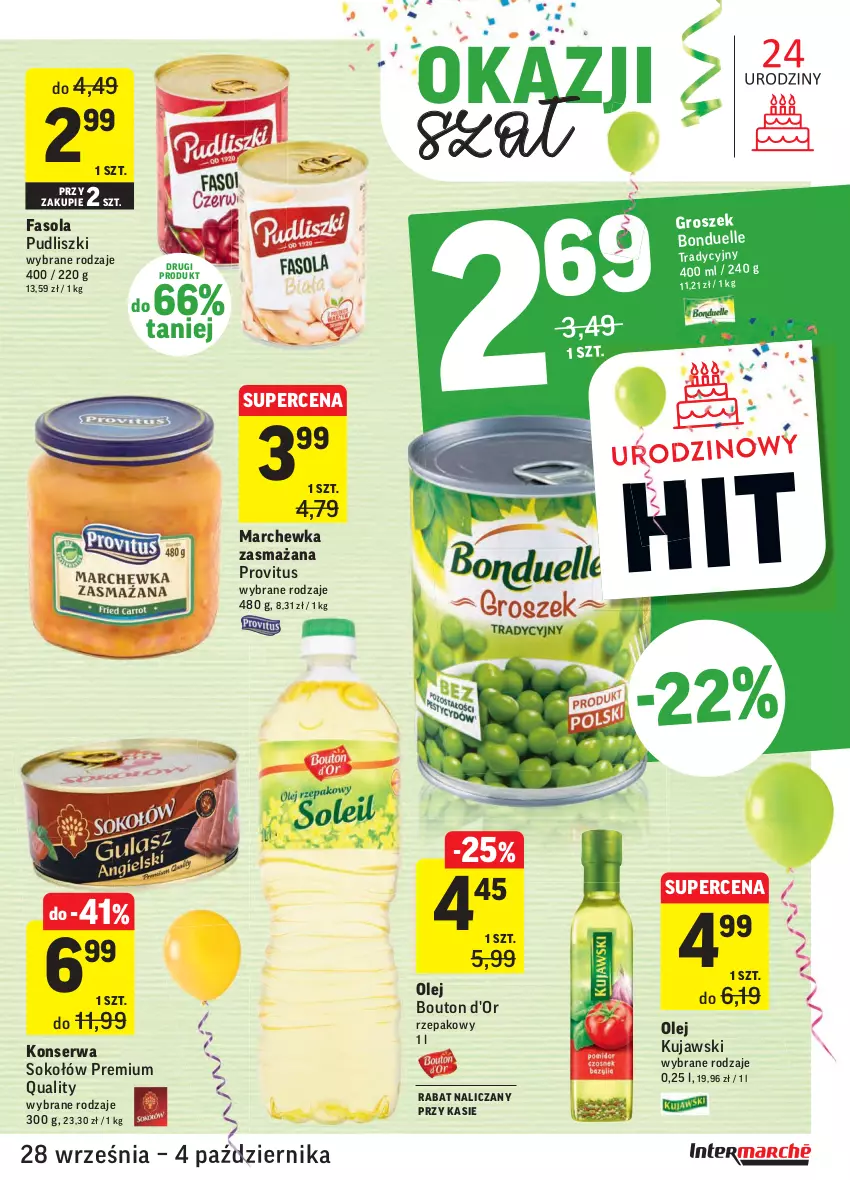 Gazetka promocyjna Intermarche - Gazetka promocyjna - ważna 28.09 do 04.10.2021 - strona 33 - produkty: Bonduelle, Fa, Fasola, Groszek, Kujawski, Marchewka, Olej, Pudliszki, Ser, Sok, Sokołów