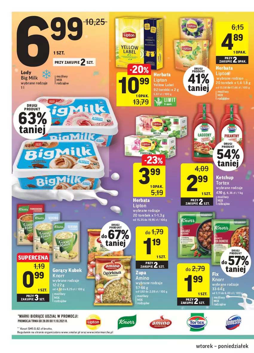 Gazetka promocyjna Intermarche - Gazetka promocyjna - ważna 28.09 do 04.10.2021 - strona 36 - produkty: Big Milk, Herbata, Ketchup, Knorr, Kosz, Kubek, Lipton, Lody, Mola, Zupa