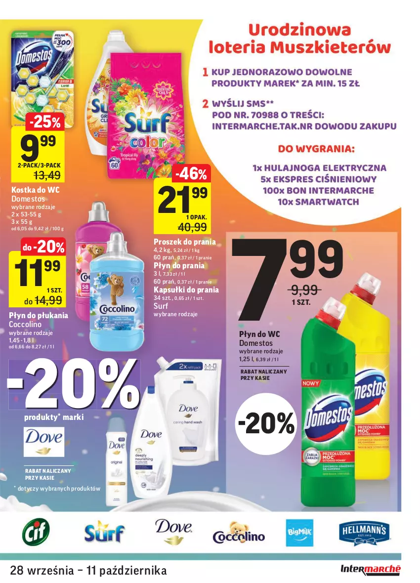 Gazetka promocyjna Intermarche - Gazetka promocyjna - ważna 28.09 do 04.10.2021 - strona 37 - produkty: Coccolino, Domestos, Kapsułki do prania, Kostka do wc, Płyn do płukania, Płyn do prania, Płyn do wc, Proszek do prania, Surf