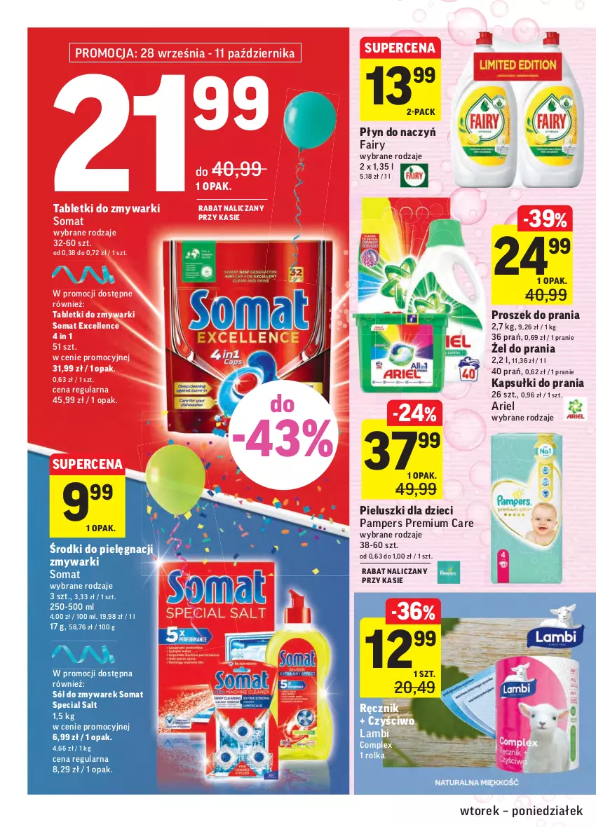 Gazetka promocyjna Intermarche - Gazetka promocyjna - ważna 28.09 do 04.10.2021 - strona 42 - produkty: Ariel, Dzieci, Fa, Fairy, Kapsułki do prania, Pampers, Proszek do prania, Ręcznik, Sól, Somat, Tablet, Tabletki do zmywarki, Zmywarki