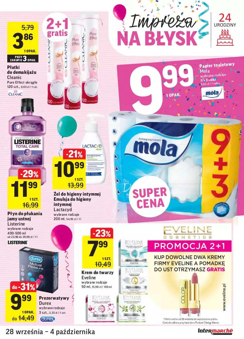 Gazetka promocyjna Intermarche - Gazetka promocyjna - ważna 28.09 do 04.10.2021 - strona 43 - produkty: Cleanic, Durex, Emulsja, Eveline, Gra, Krem do twarzy, Lactacyd, Listerine, Makijaż, Mola, Papier, Płyn do płukania, Płyn do płukania jamy ustnej, Prezerwatyw, Pur