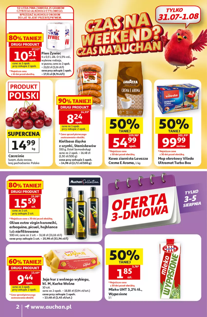 Gazetka promocyjna Auchan - Gazetka 30 Lat Supermarket Auchan - ważna 30.07 do 05.08.2026 - strona 2 - produkty: Gin, Jaja, JBL, Kawa, Kawa ziarnista, Kiełbasa, Lavazza, Mleko, Mop, Owoce, Piwo, Rama, Vileda