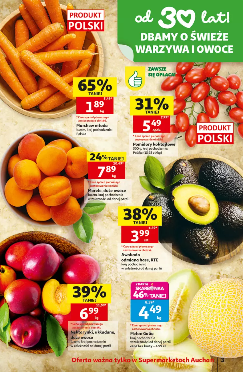Gazetka promocyjna Auchan - Gazetka 30 Lat Supermarket Auchan - ważna 30.07 do 05.08.2026 - strona 3 - produkty: Melon, Owoce, Pomidory, Warzywa, Warzywa i owoce