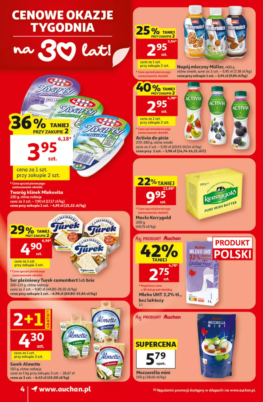 Gazetka promocyjna Auchan - Gazetka 30 Lat Supermarket Auchan - ważna 30.07 do 05.08.2026 - strona 4 - produkty: Activia, Almette, Brie, Camembert, Masło, Mleko, Mozzarella, Napój, Napój mleczny, Ser, Ser pleśniowy, Serek