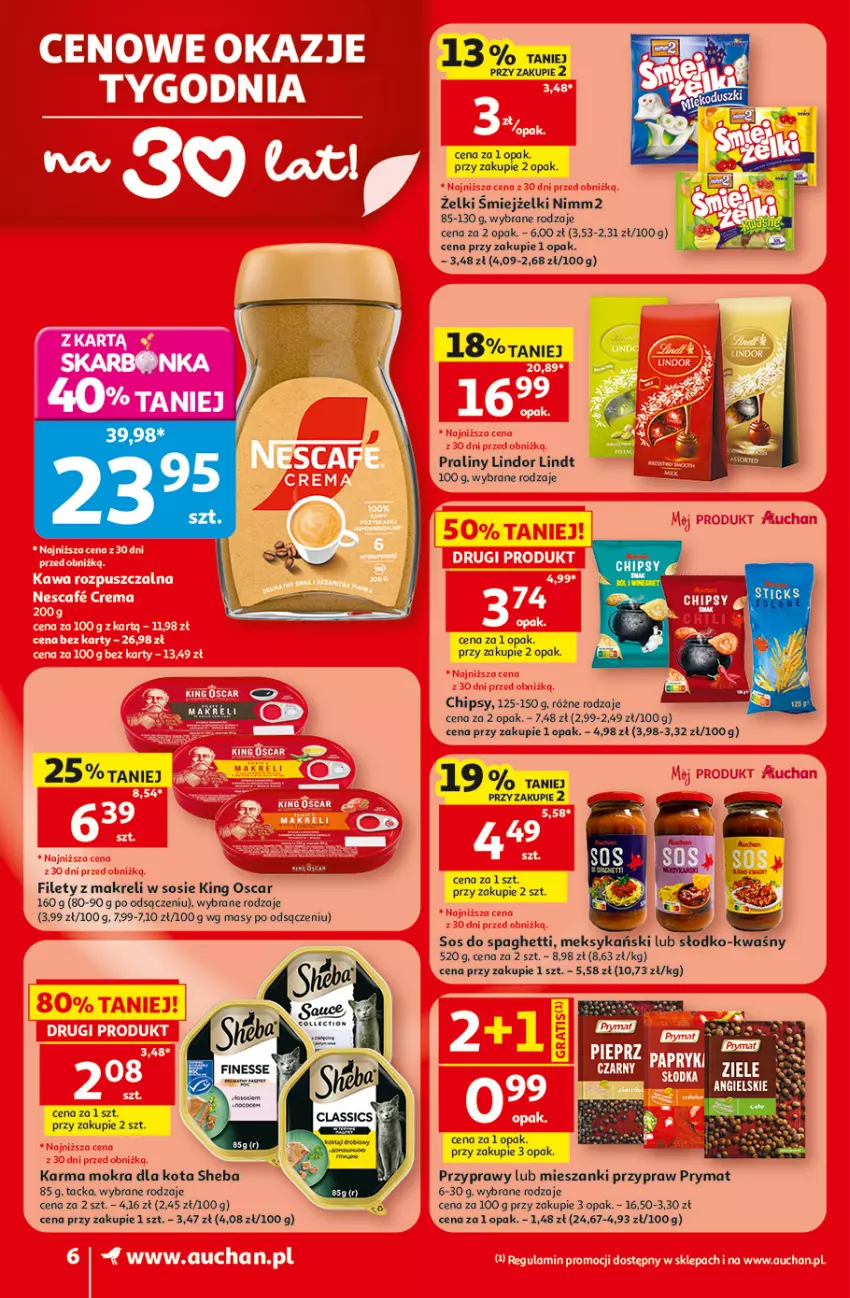 Gazetka promocyjna Auchan - Gazetka 30 Lat Supermarket Auchan - ważna 30.07 do 05.08.2026 - strona 6 - produkty: Chipsy, Lindor, Lindt, Nimm2, Praliny, Prymat, Przyprawy, Sheba, Sos, Spaghetti