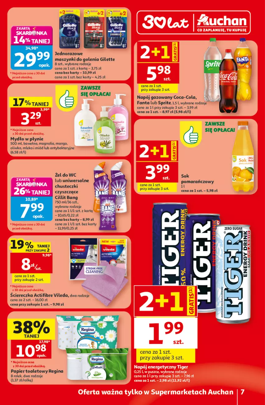 Gazetka promocyjna Auchan - Gazetka 30 Lat Supermarket Auchan - ważna 30.07 do 05.08.2026 - strona 7 - produkty: Chusteczki, Cillit Bang, Coca-Cola, Fa, Fanta, Gin, Mango, Miód, Mleko, Mydło, Mydło w płynie, Napój, Napój gazowany, Papier, Papier toaletowy, Sok, Sprite, Vileda, Wełna