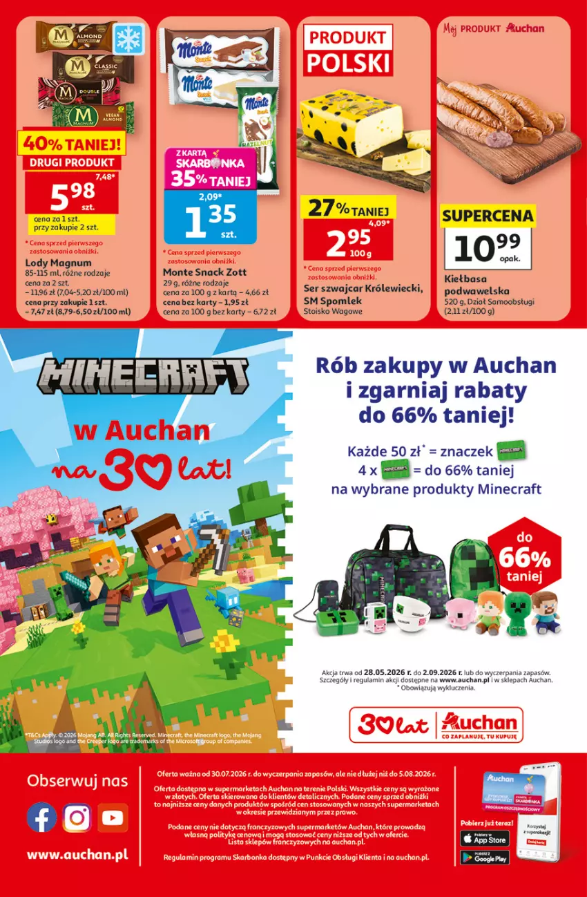 Gazetka promocyjna Auchan - Gazetka 30 Lat Supermarket Auchan - ważna 30.07 do 05.08.2026 - strona 8 - produkty: Kiełbasa, Lody, Minecraft, Monte, Ser, Wawel, Zott