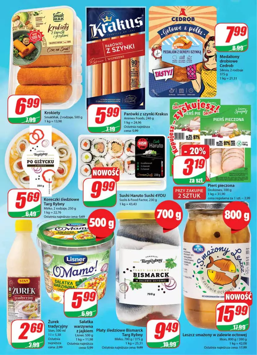 Gazetka promocyjna Dino - G24 - ważna 14.06 do 20.06.2023 - strona 15 - produkty: Fa, Gry, Koreczki śledziowe, Krakus, Krokiety, Lion, Lisner, Parówki, Parówki z szynki, Piec, Płaty śledziowe, Sałat, Sałatka, Sushi