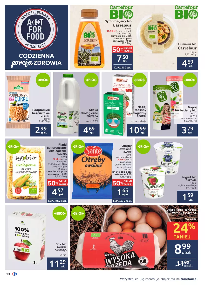 Gazetka promocyjna Carrefour - Gazetka Carrefour - ważna 03.05 do 15.05.2021 - strona 10 - produkty: Bakoma, Hummus, Jaja, Jogurt, Jogurt bio, Kosz, Kupiec, Mleko, Mus, Napój, Napój roślinny, Piątnica, Piec, Por, Sante, Sok, Syrop