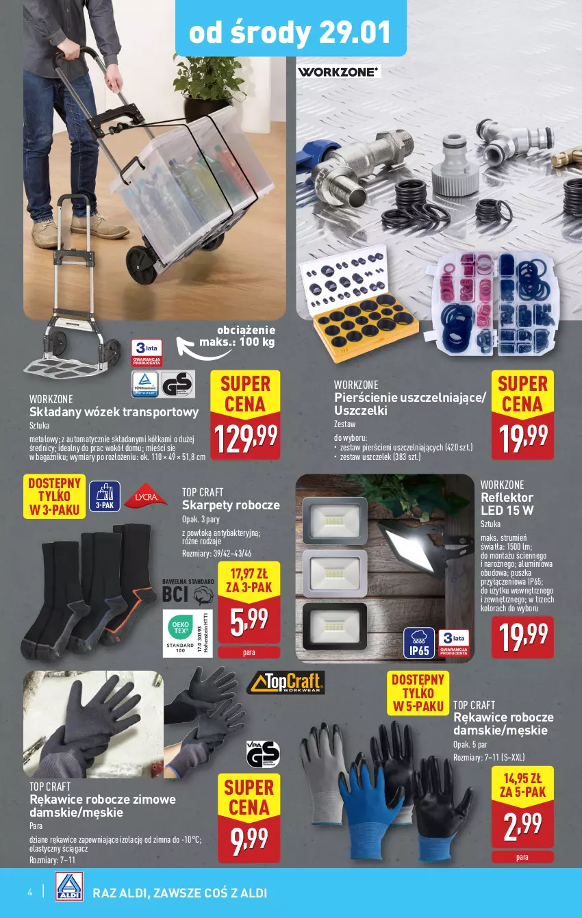 Gazetka promocyjna Aldi - Artykuły przemysłowe i tekstylia - ważna 29.01 do 01.02.2025 - strona 4 - produkty: Karp, Por, Reflektor, Reflektor LED, Rękawice, Rękawice robocze, Rum, Sport, Top, Tran, Wózek, Wózek transportowy