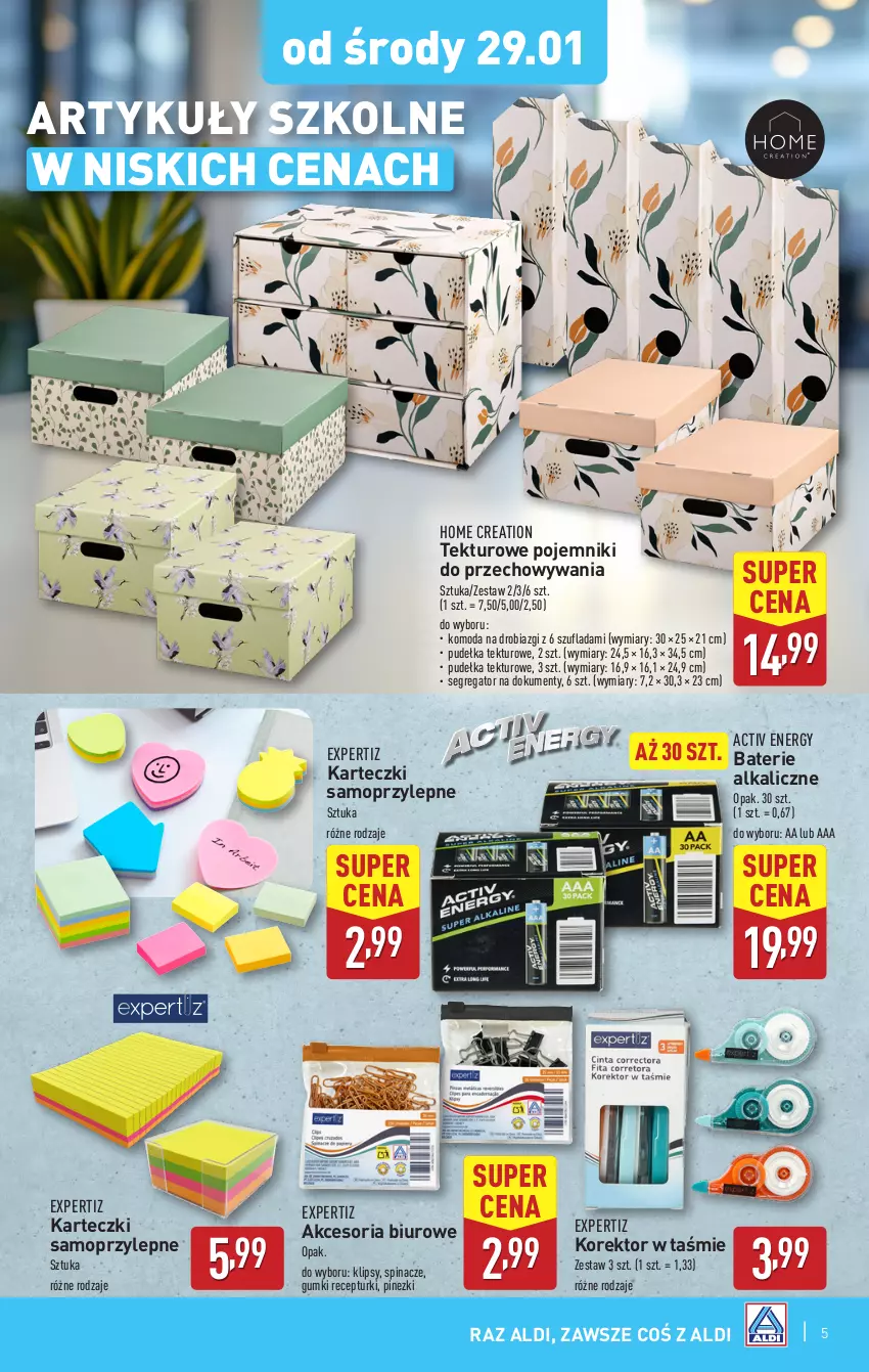 Gazetka promocyjna Aldi - Artykuły przemysłowe i tekstylia - ważna 29.01 do 01.02.2025 - strona 5 - produkty: Baterie alkaliczne, Biuro, Karteczki samoprzylepne, Komoda, Moda, Mop, Pojemnik