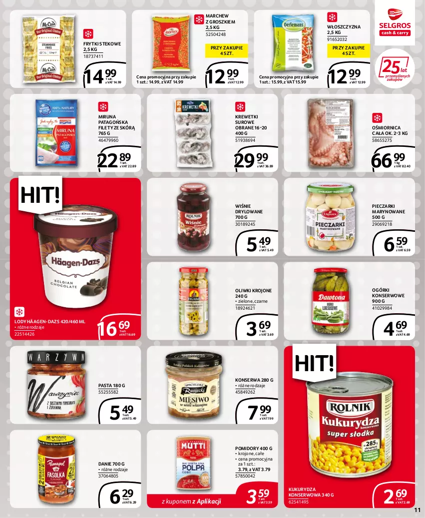 Gazetka promocyjna Selgros - Extra Oferta - ważna 15.06 do 29.06.2022 - strona 11 - produkty: Frytki, Krewetki, Kukurydza, Kukurydza konserwowa, Lody, Miruna, Ogórki konserwowe, Oliwki, Piec, Pomidory, Ser, Stek, Tago