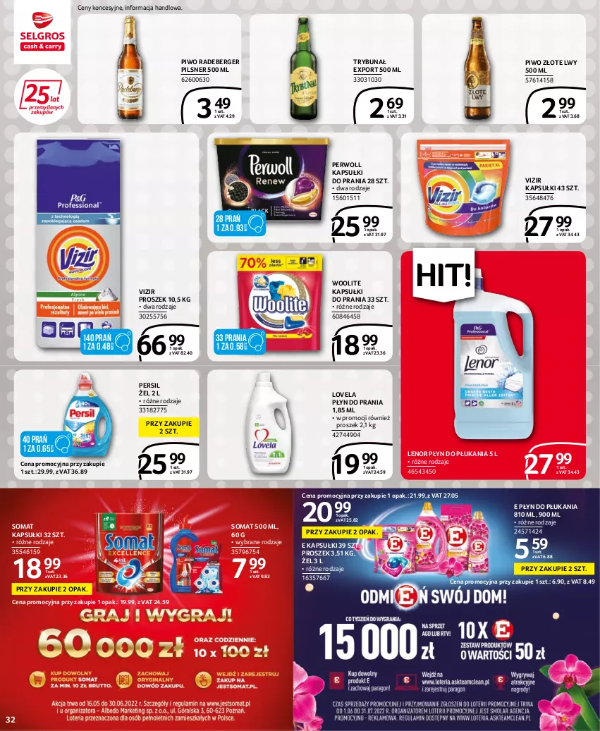 Gazetka promocyjna Selgros - Extra Oferta - ważna 15.06 do 29.06.2022 - strona 32 - produkty: Kapsułki do prania, Lenor, Lovela, Persil, Perwoll, Piwo, Płyn do płukania, Płyn do prania, Por, Somat, Vizir, Woolite