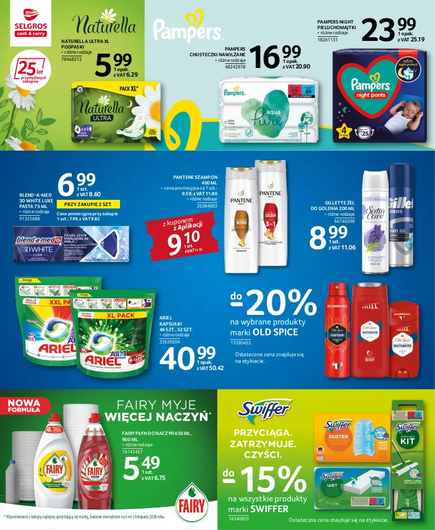 Gazetka promocyjna Selgros - Extra Oferta - ważna 15.06 do 29.06.2022 - strona 34 - produkty: Ariel, Blend-a-Med, Chusteczki, Fa, Fairy, Gillette, Majtki, Naturell, Naturella, Old Spice, Olej, Pampers, Pantene, Pieluchomajtki, Podpaski, Por, Szampon, Top