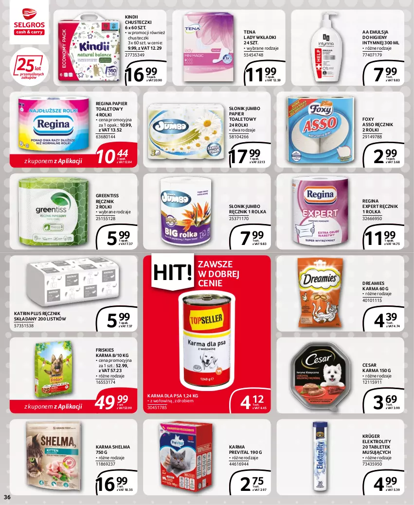 Gazetka promocyjna Selgros - Extra Oferta - ważna 15.06 do 29.06.2022 - strona 36 - produkty: Chusteczki, Emulsja, Foxy, Friskies, Gin, Kindii, Mus, Papier, Papier toaletowy, Ręcznik, Rolki, Tablet, Wkładki