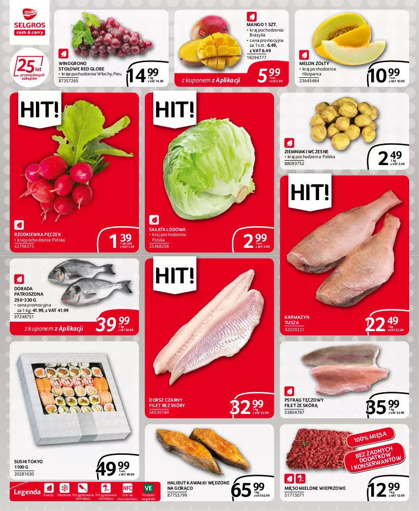 Gazetka promocyjna Selgros - Extra Oferta - ważna 15.06 do 29.06.2022 - strona 4 - produkty: Dorsz, Halibut, Karmazyn tusza, Kawa, Mango, Melon, Mięso, Mięso mielone, Pstrąg, Pstrąg tęczowy, Rzodkiewka, Sałat, Sałata lodowa, Sok, Sushi, Tusz, Wino, Ziemniaki