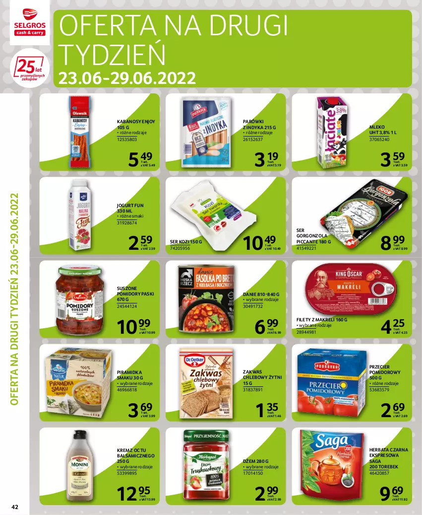 Gazetka promocyjna Selgros - Extra Oferta - ważna 15.06 do 29.06.2022 - strona 42 - produkty: Chleb, Dżem, Gorgonzola, Herbata, Herbata czarna, Jogurt, Kabanos, Mleko, Parówki, Parówki z indyka, Piramidka smaku, Pomidory, Saga, Ser, Ser kozi, Suszone pomidory