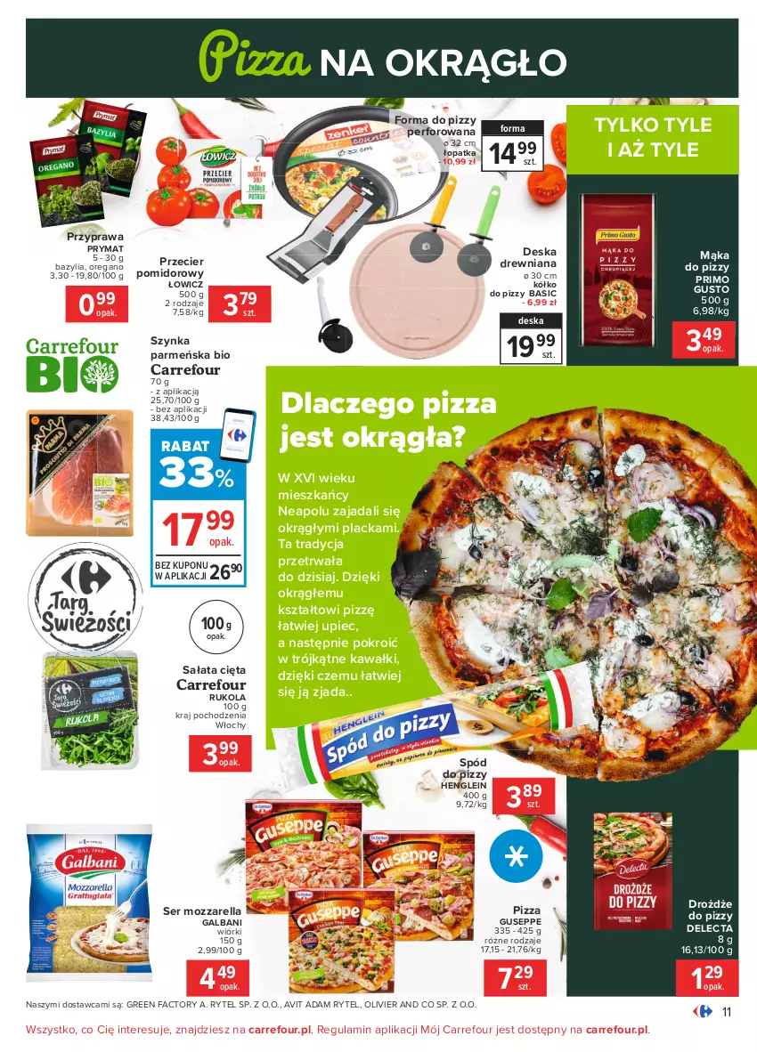 Gazetka promocyjna Carrefour - Gazetka Carrefour - ważna 01.02 do 13.02.2021 - strona 11 - produkty: Bazyl, Bazylia, Delecta, Drożdże, Drożdże do pizzy, Fa, Galbani, Kawa, Lack, Mąka, Mąka do pizzy, Mozzarella, Piec, Pizza, Prymat, Rukola, Sałat, Ser, Spód do pizzy, Szynka