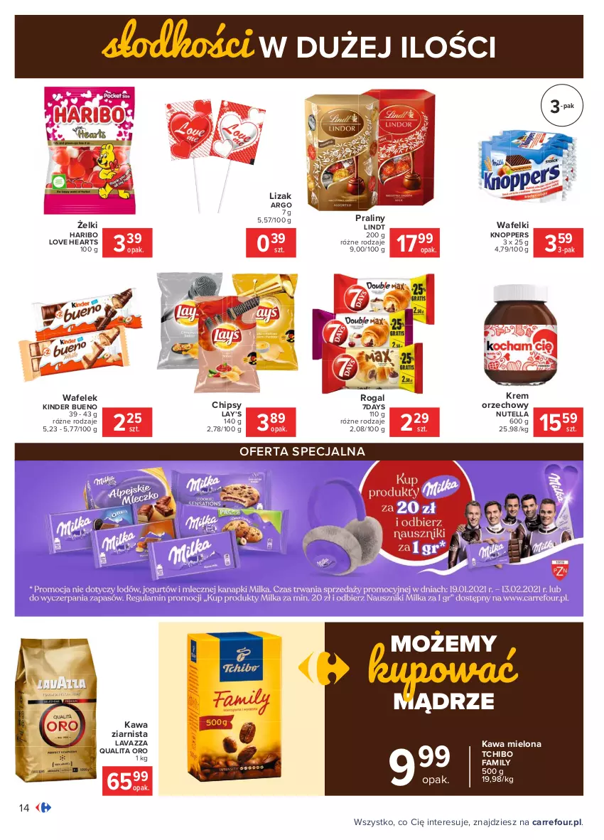 Gazetka promocyjna Carrefour - Gazetka Carrefour - ważna 01.02 do 13.02.2021 - strona 14 - produkty: Chipsy, Fa, Haribo, Kawa, Kawa mielona, Kawa ziarnista, Kinder, Kinder Bueno, Knoppers, Krem orzechowy, Lavazza, Lay’s, Lindt, Nutella, Praliny, Rogal, Tchibo, Tchibo Family, Wafelek