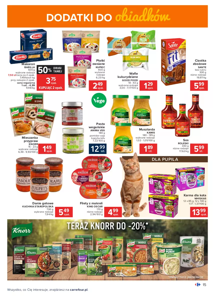 Gazetka promocyjna Carrefour - Gazetka Carrefour - ważna 01.02 do 13.02.2021 - strona 15 - produkty: Barilla, Bazyl, Bazylia, Ciastka, Danie gotowe, Kamis, Knorr, Kosz, Kuchnia, Kuchnia Staropolska, Kupiec, Makaron, Mus, Musztarda, Pesto, Piec, Płatki owsiane, Sante, Sos, Tofu, Whiskas