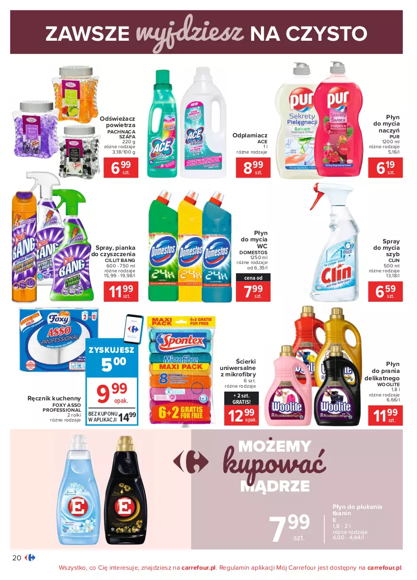 Gazetka promocyjna Carrefour - Gazetka Carrefour - ważna 01.02 do 13.02.2021 - strona 20 - produkty: Cillit Bang, Clin, Do mycia naczyń, Domestos, Fa, Foxy, Gra, Odplamiacz, Odświeżacz powietrza, Pianka do czyszczenia, Płyn do mycia, Płyn do mycia naczyń, Płyn do płukania, Płyn do prania, Pur, Ręcznik, Ręcznik kuchenny, Rolki, Szafa, Woolite