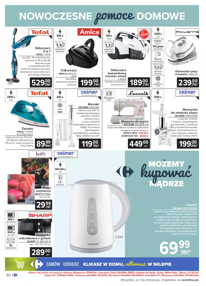 Gazetka promocyjna Carrefour - Gazetka Carrefour - ważna 01.02 do 13.02.2021 - strona 30 - produkty: Amica, Blender, Czajnik, Fa, Generator pary, Gra, Grill, Grzałka, Kuchenka mikrofalowa, Maszynka, Maszynka do mielenia, Miarka, Noż, Odkurzacz, Przewód, Rowenta, Sharp, Sok, Szczotka, Szyna, Szynka, Szyny, Taca, Tefal, Top, Waga, Zelmer