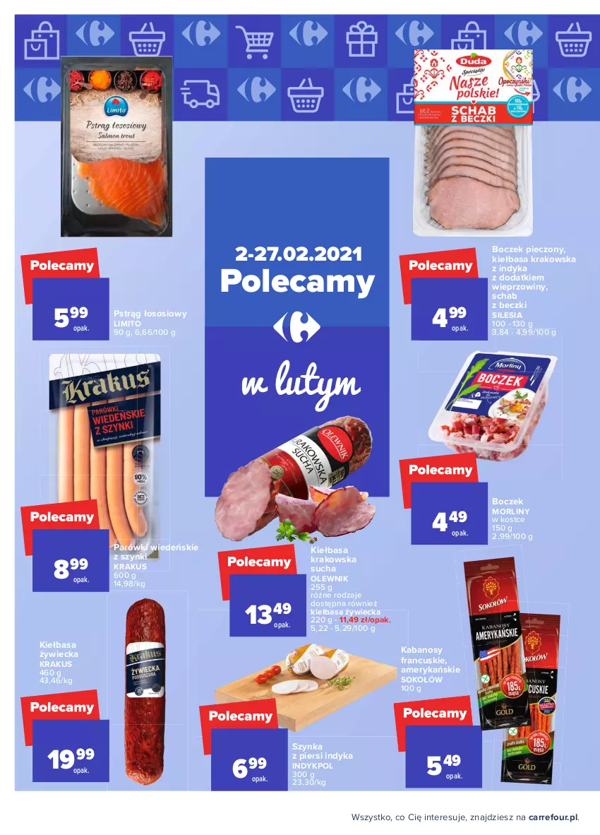 Gazetka promocyjna Carrefour - Gazetka Carrefour - ważna 01.02 do 13.02.2021 - strona 38 - produkty: Boczek, Boczek pieczony, Kabanos, Kiełbasa, Kiełbasa krakowska, Krakus, Morliny, Olewnik, Parówki, Piec, Pstrąg, Pstrąg łososiowy, Sok, Sokołów, Sos, Szynka