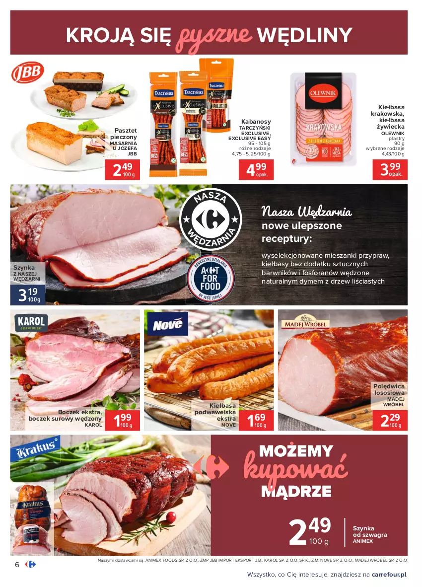 Gazetka promocyjna Carrefour - Gazetka Carrefour - ważna 01.02 do 13.02.2021 - strona 6 - produkty: Boczek, Fa, Gra, Kabanos, Kiełbasa, Kiełbasa krakowska, Kiełbasa podwawelska, Madej Wróbel, Olewnik, Pasztet, Piec, Polędwica, Por, Sos, Sport, Szynka, Tarczyński, Wawel