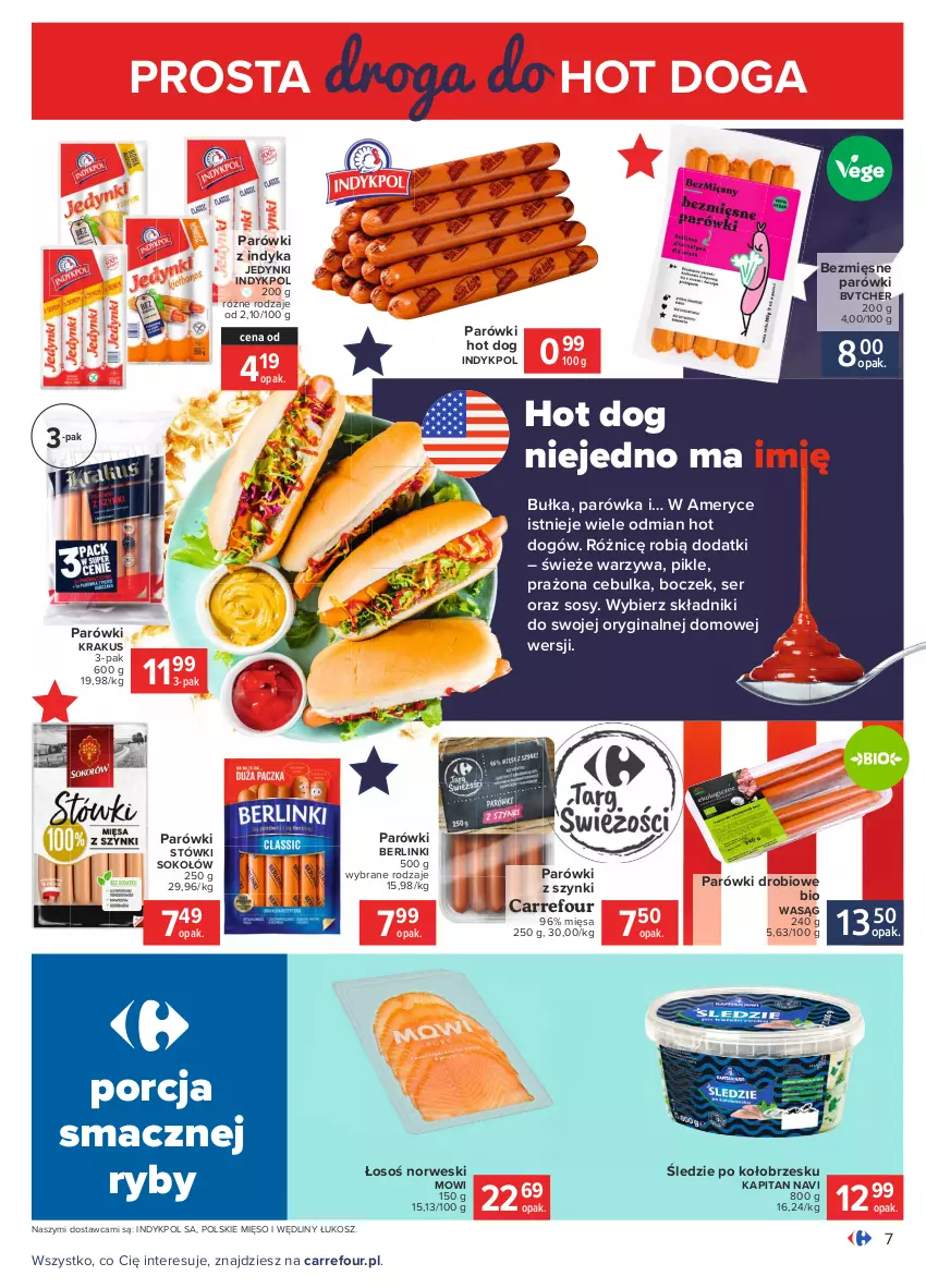 Gazetka promocyjna Carrefour - Gazetka Carrefour - ważna 01.02 do 13.02.2021 - strona 7 - produkty: Berlinki, Boczek, Bułka, Gin, Hot dog, Kosz, Krakus, Mięso, Parówki, Parówki hot dog, Parówki z indyka, Parówki z szynki, Por, Ser, Sok, Sokołów, Sos, Warzywa