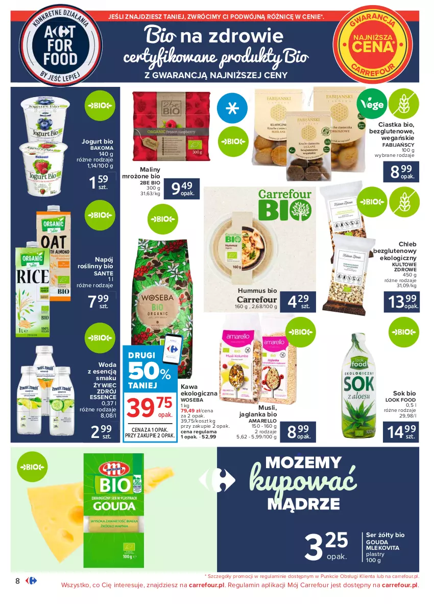 Gazetka promocyjna Carrefour - Gazetka Carrefour - ważna 01.02 do 13.02.2021 - strona 8 - produkty: Bakoma, Chleb, Chleb bezglutenowy, Ciastka, Fa, Gouda, Hummus, Jaglanka, Jogurt, Jogurt bio, Kawa, Kosz, Maliny, Mleko, Mlekovita, Mus, Napój, Napój roślinny, Sante, Ser, Sok, Woda, Woseba, Zdrowie