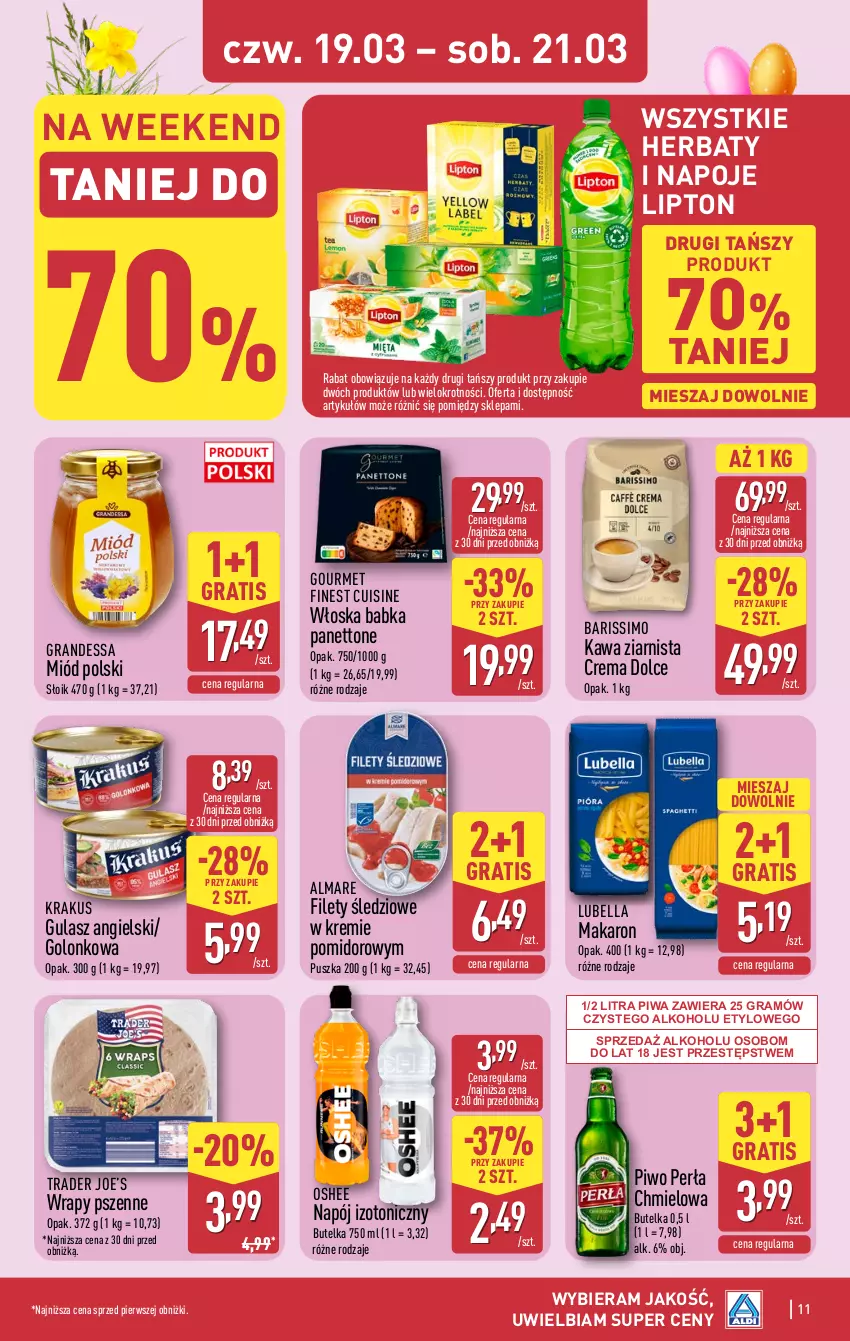 Gazetka promocyjna Aldi - Oferta weekendowa - ważna 19.03 do 21.03.2026 - strona 11 - produkty: Babka, Bell, Bella, Gra, Kawa, Kawa ziarnista, Krakus, Lipton, Lubella, Makaron, Miód, Napój, Napój izotoniczny, Napoje, Oshee, Perła, Piwa, Piwo