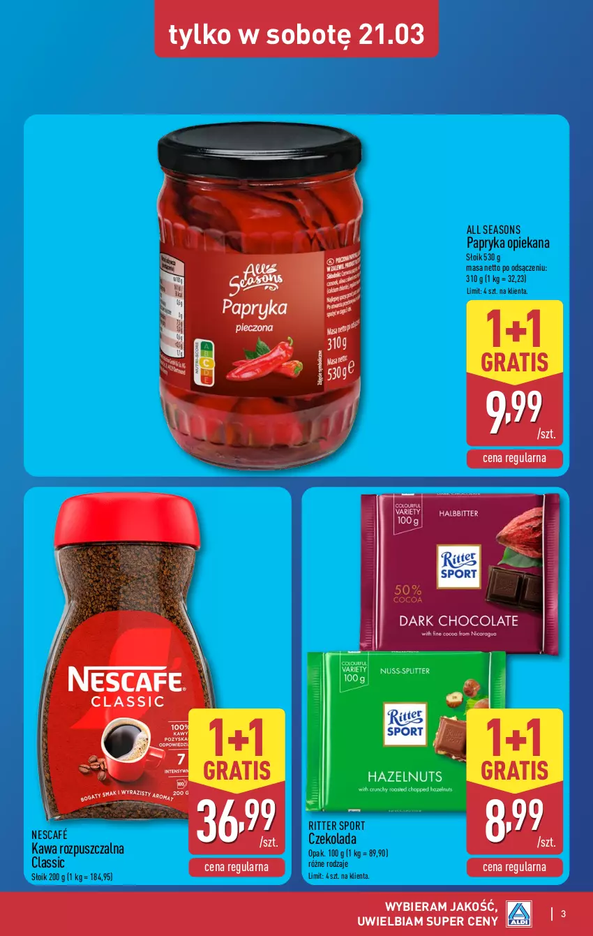 Gazetka promocyjna Aldi - Oferta weekendowa - ważna 19.03 do 21.03.2026 - strona 3 - produkty: All Seasons, Czekolada, Gra, Kawa, Kawa rozpuszczalna, Nescafé, Papryka, Por, Ritter Sport, Sport