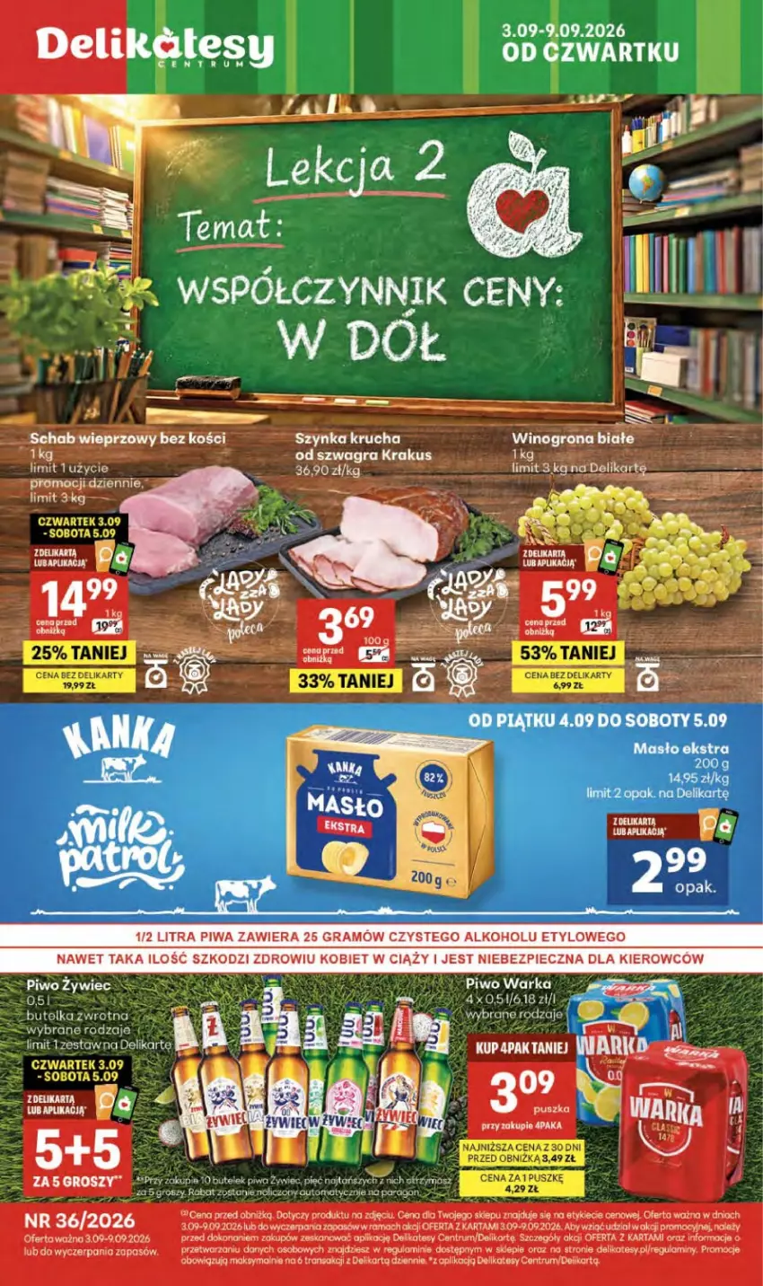 Gazetka promocyjna Delikatesy Centrum - Franczyza DC36 Czwartek - ważna 03.09 do 09.09.2026 - strona 1 - produkty: Gra, Krakus, Piec, Piwa, Piwo, Rama, Rum, Schab wieprzowy, Szynka, Tran, Warka, Wino, Winogrona